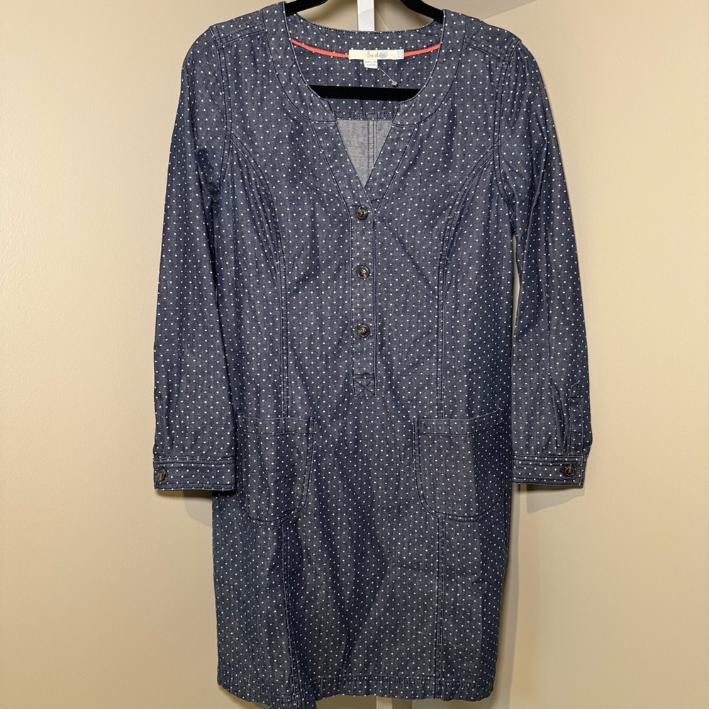 Women's Boden NWOT blue denim polka dot button front shirt dress size 10 pockets